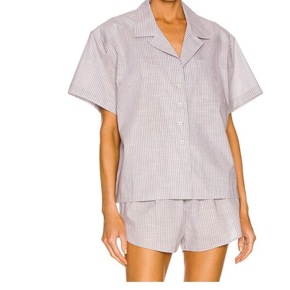 Revolve Weekend Stories grey/white pinstripes button-down shirt (M) & shorts(XS)